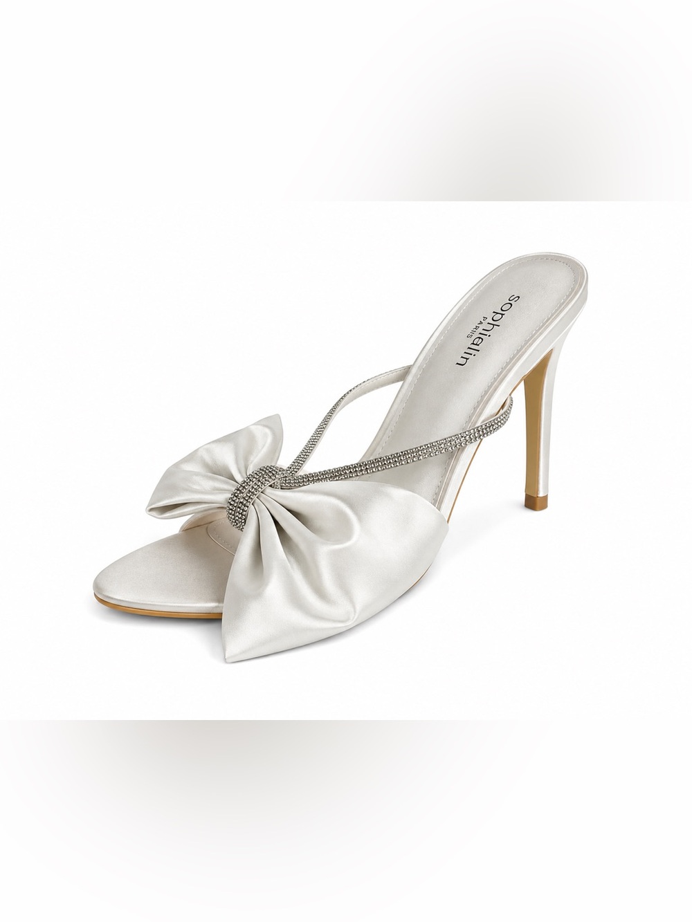 Elegant White Satin Bow Mule with Crystal Embellishment